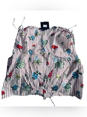 Striped Floral Drawstring Crop Top - White with Red Stripes